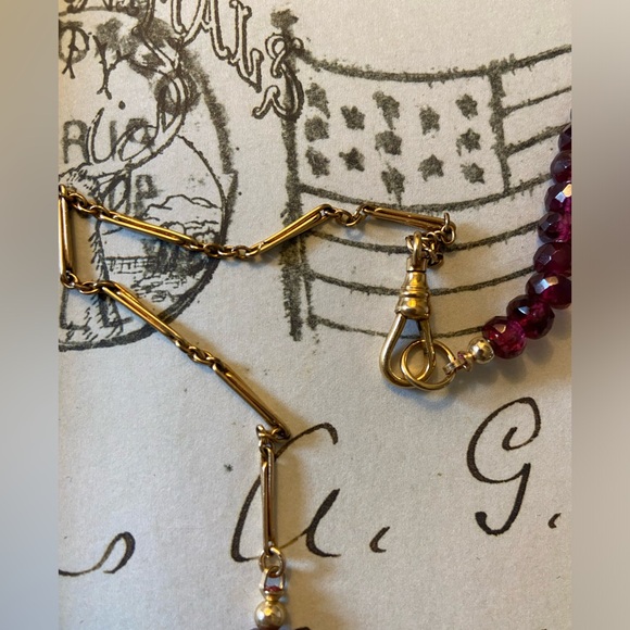Rhodolite Garnet Hand Strung Gem Necklace With Gold Filled Antique Watch Chain - Picture 8 of 17